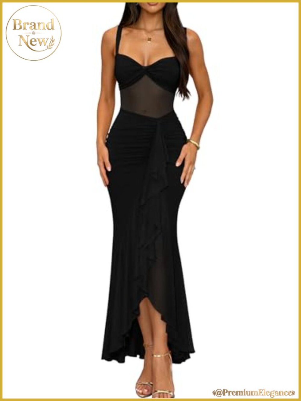 Sheer Mesh Ruched Ruffle Midi Dress Sleeveless Bodycon Club Party